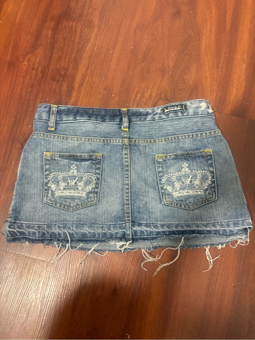Rock & Republic Denim Mini Skirt in Blue with Embroidered Crown Pockets